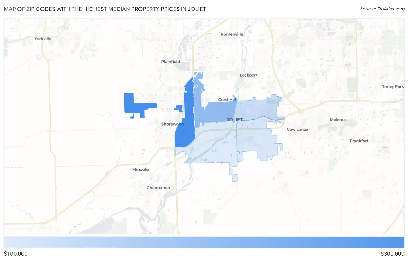Zip Codes with the Highest Median Property Prices in Joliet Map