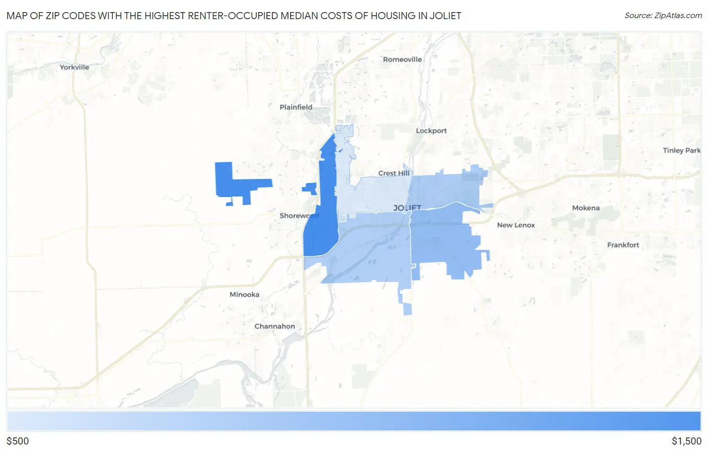 Zip Codes with the Highest Renter-Occupied Median Costs of Housing in Joliet Map