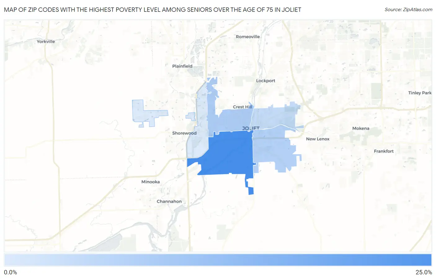 Zip Codes with the Highest Poverty Level Among Seniors Over the Age of 75 in Joliet Map