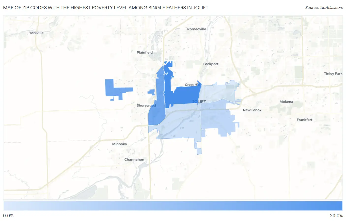 Zip Codes with the Highest Poverty Level Among Single Fathers in Joliet Map
