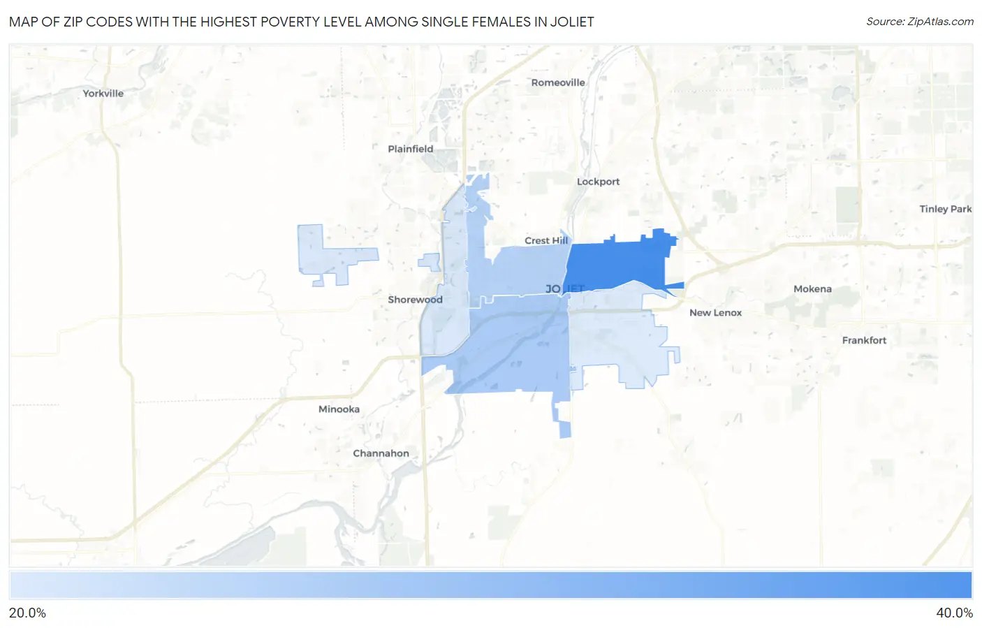 Zip Codes with the Highest Poverty Level Among Single Females in Joliet Map