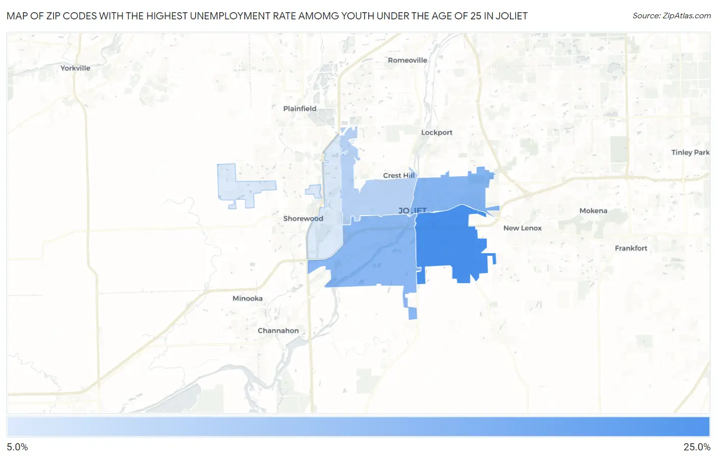 Zip Codes with the Highest Unemployment Rate Amomg Youth Under the Age of 25 in Joliet Map
