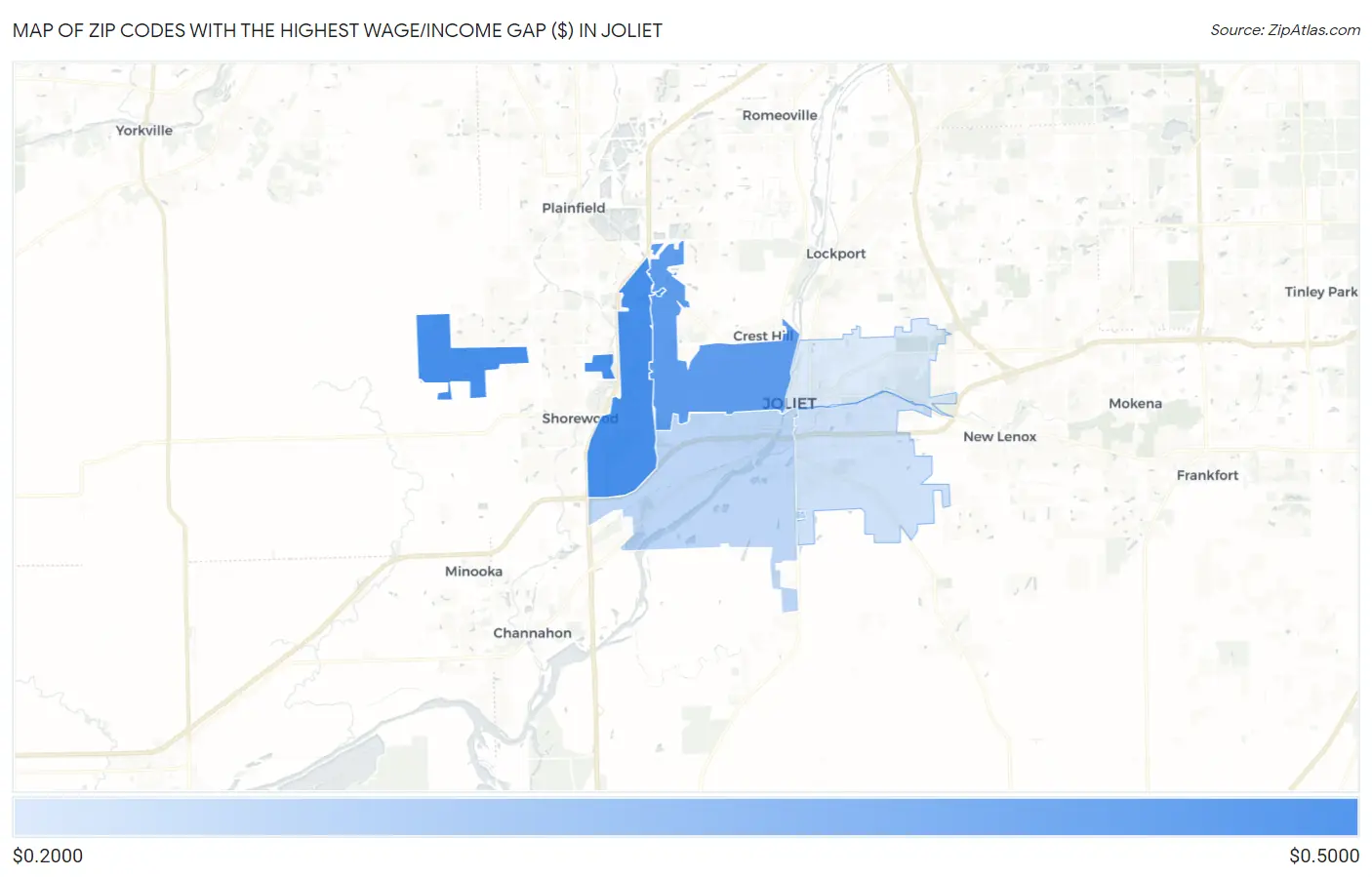 Zip Codes with the Highest Wage/Income Gap ($) in Joliet Map