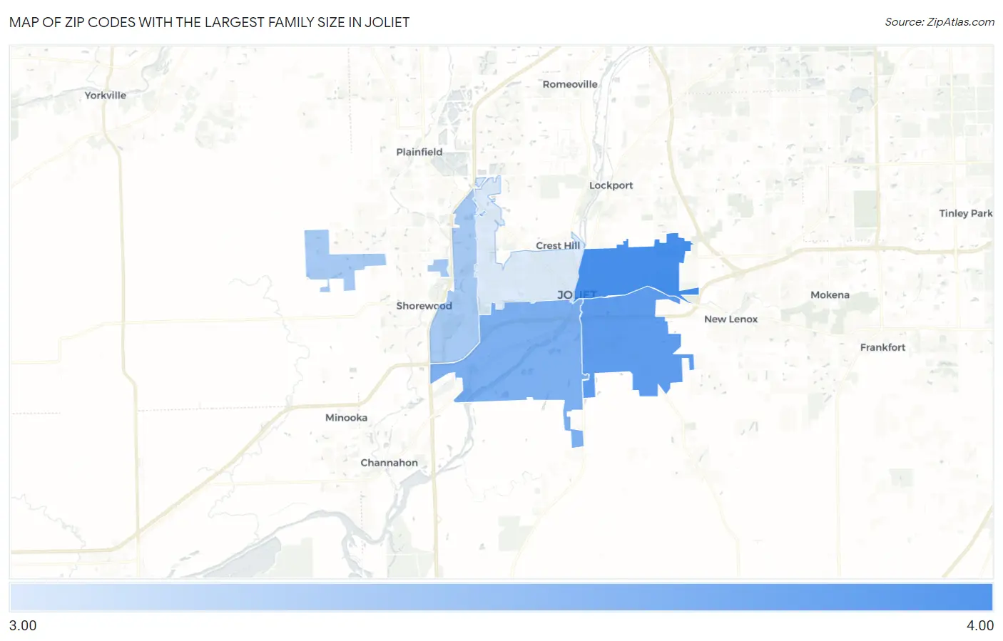Zip Codes with the Largest Family Size in Joliet Map