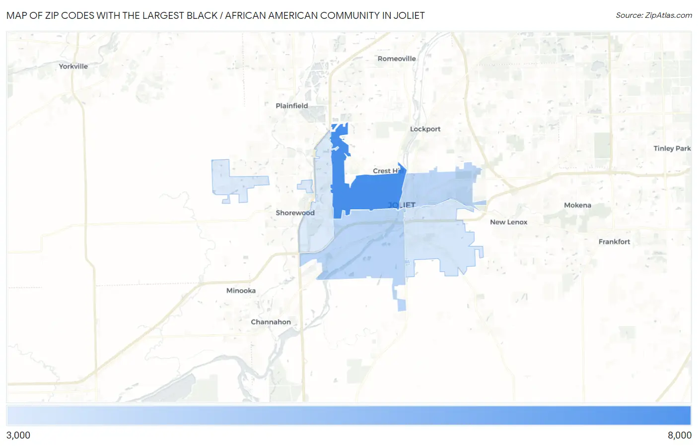 Zip Codes with the Largest Black / African American Community in Joliet Map