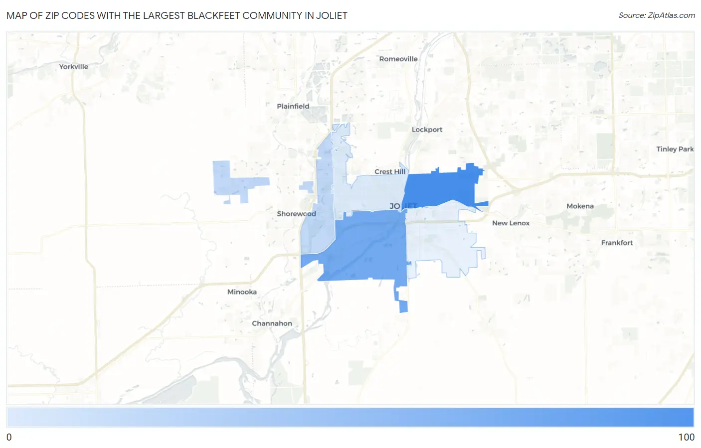 Zip Codes with the Largest Blackfeet Community in Joliet Map