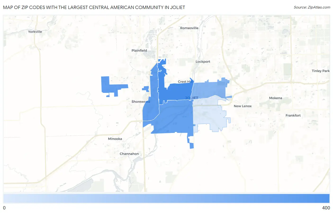 Zip Codes with the Largest Central American Community in Joliet Map