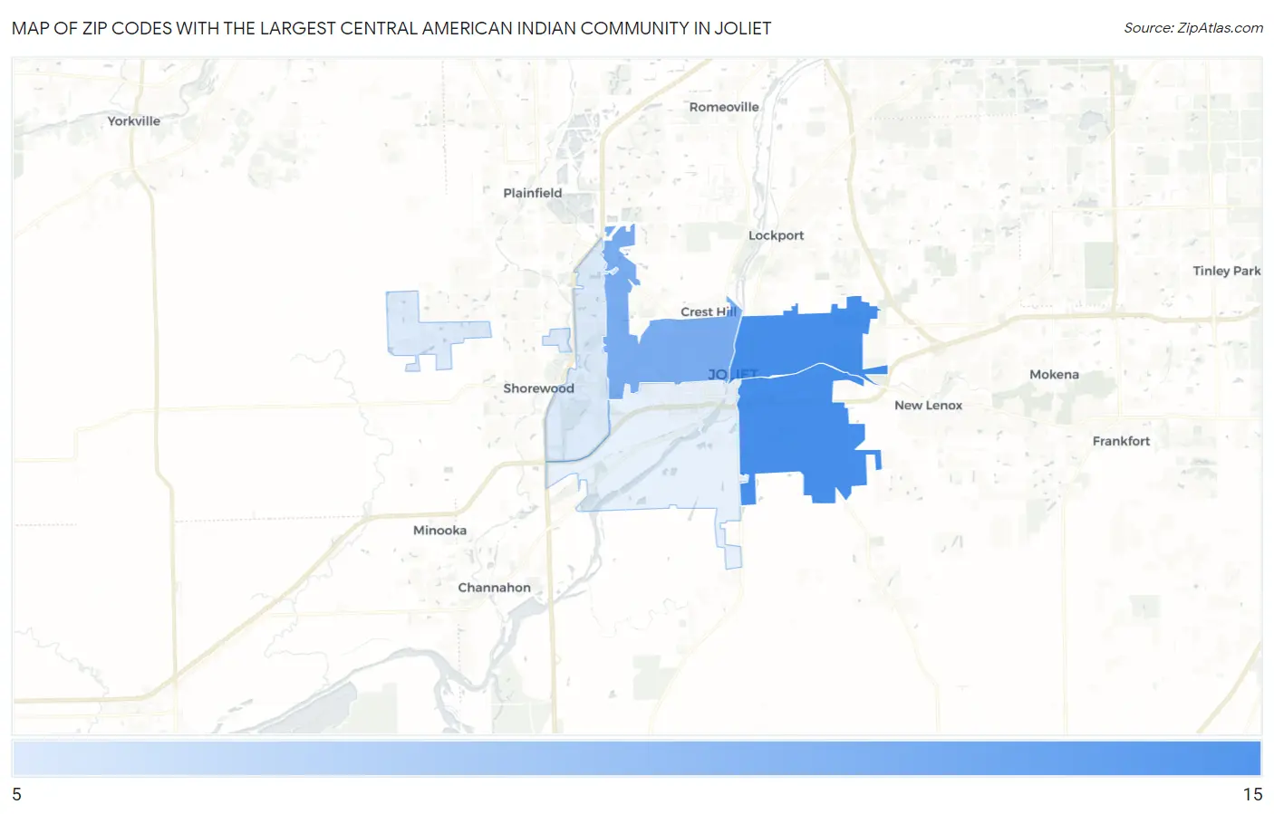 Zip Codes with the Largest Central American Indian Community in Joliet Map