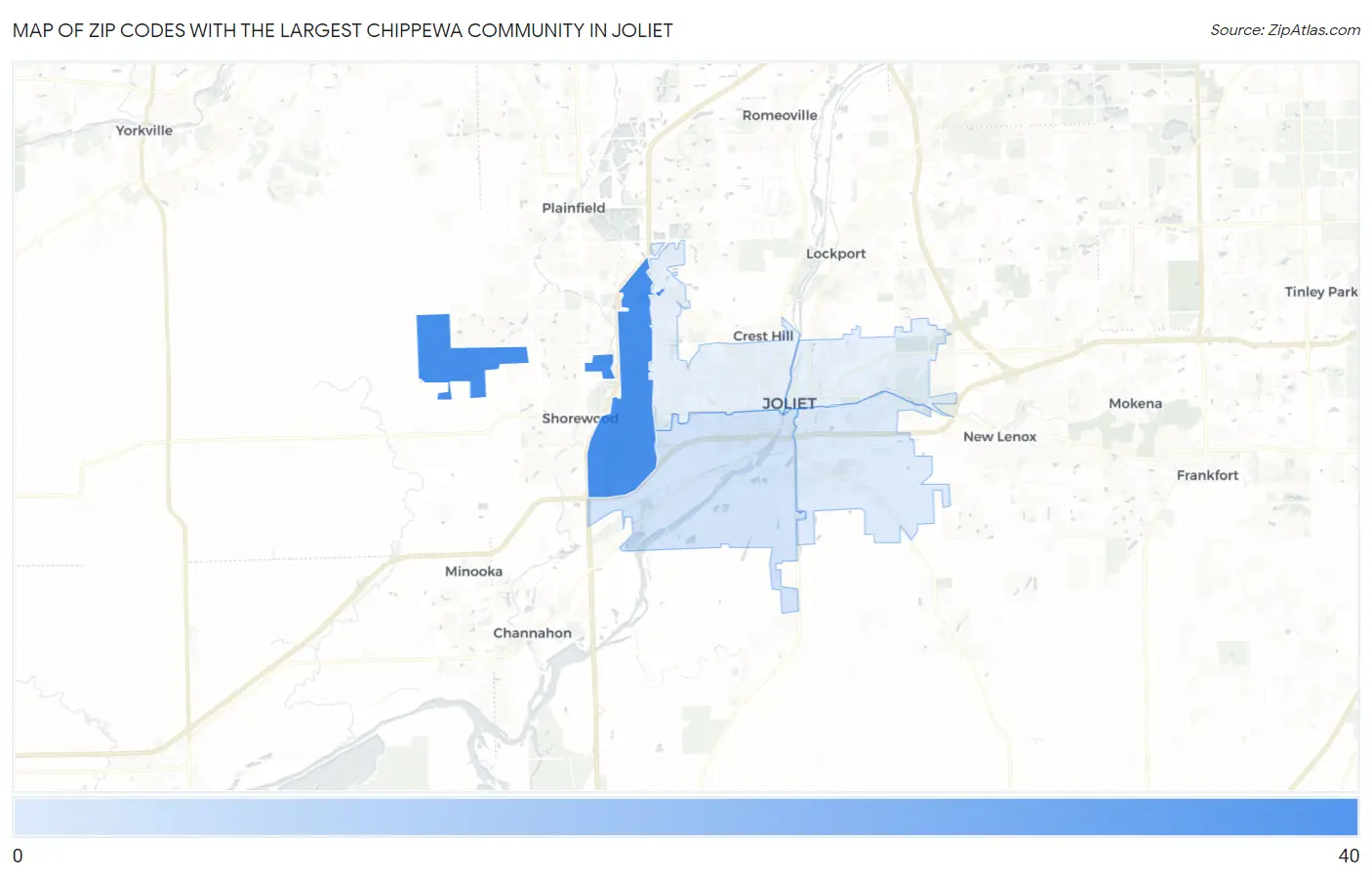 Zip Codes with the Largest Chippewa Community in Joliet Map