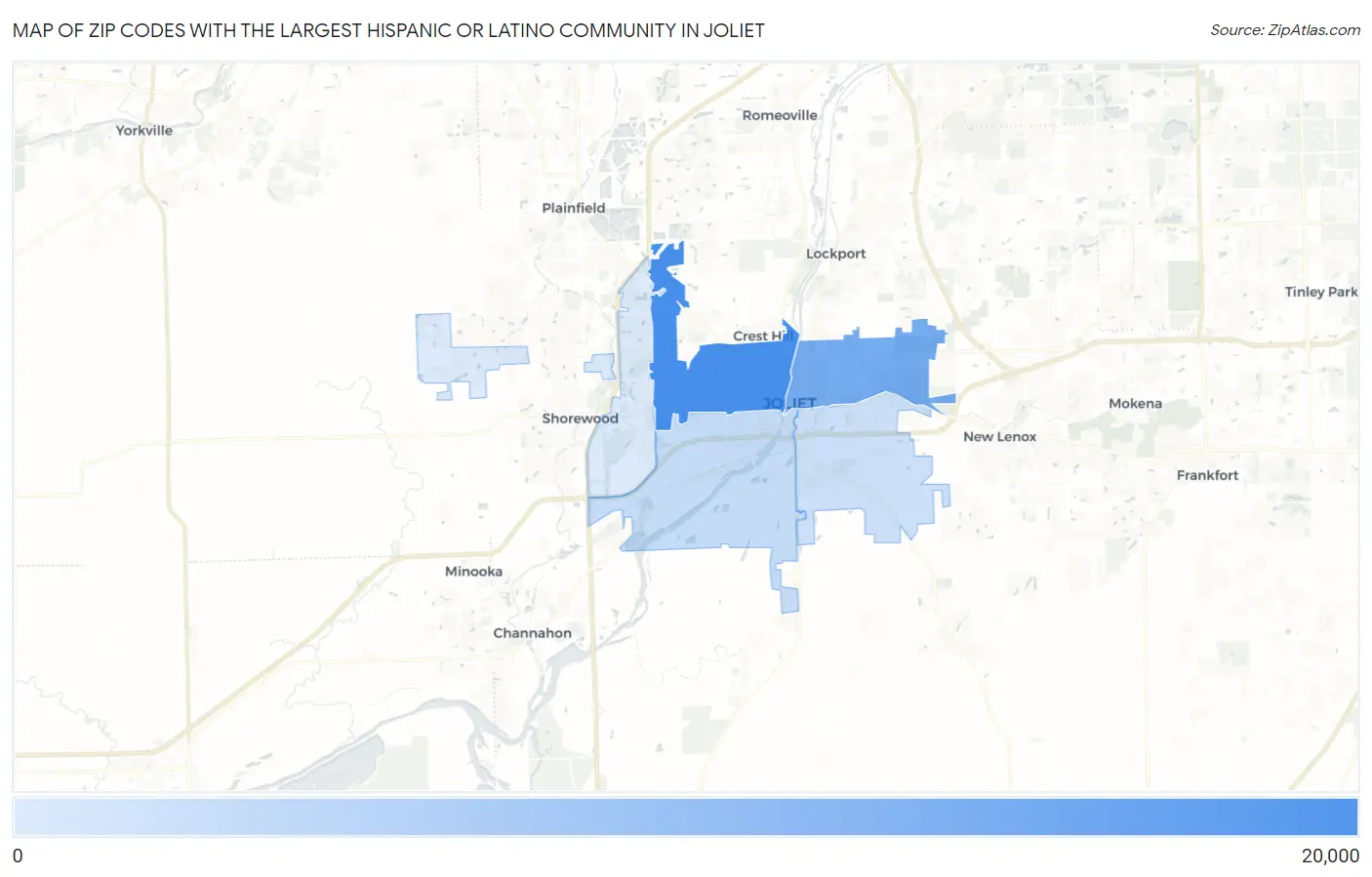 Zip Codes with the Largest Hispanic or Latino Community in Joliet Map