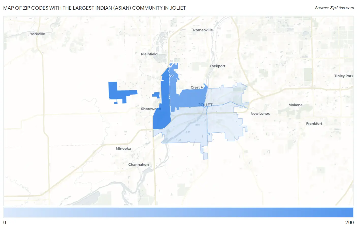 Zip Codes with the Largest Indian (Asian) Community in Joliet Map