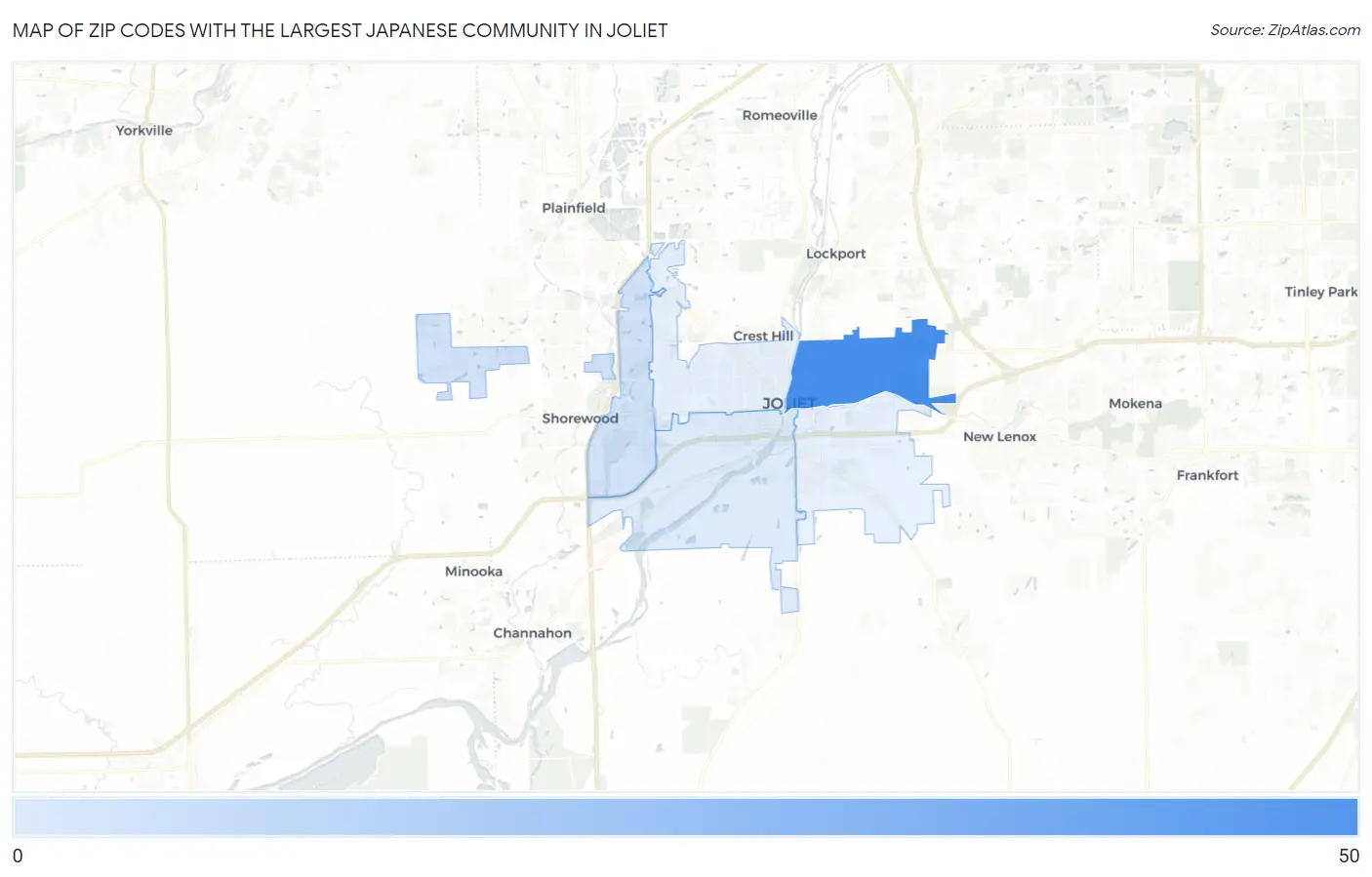 Zip Codes with the Largest Japanese Community in Joliet Map