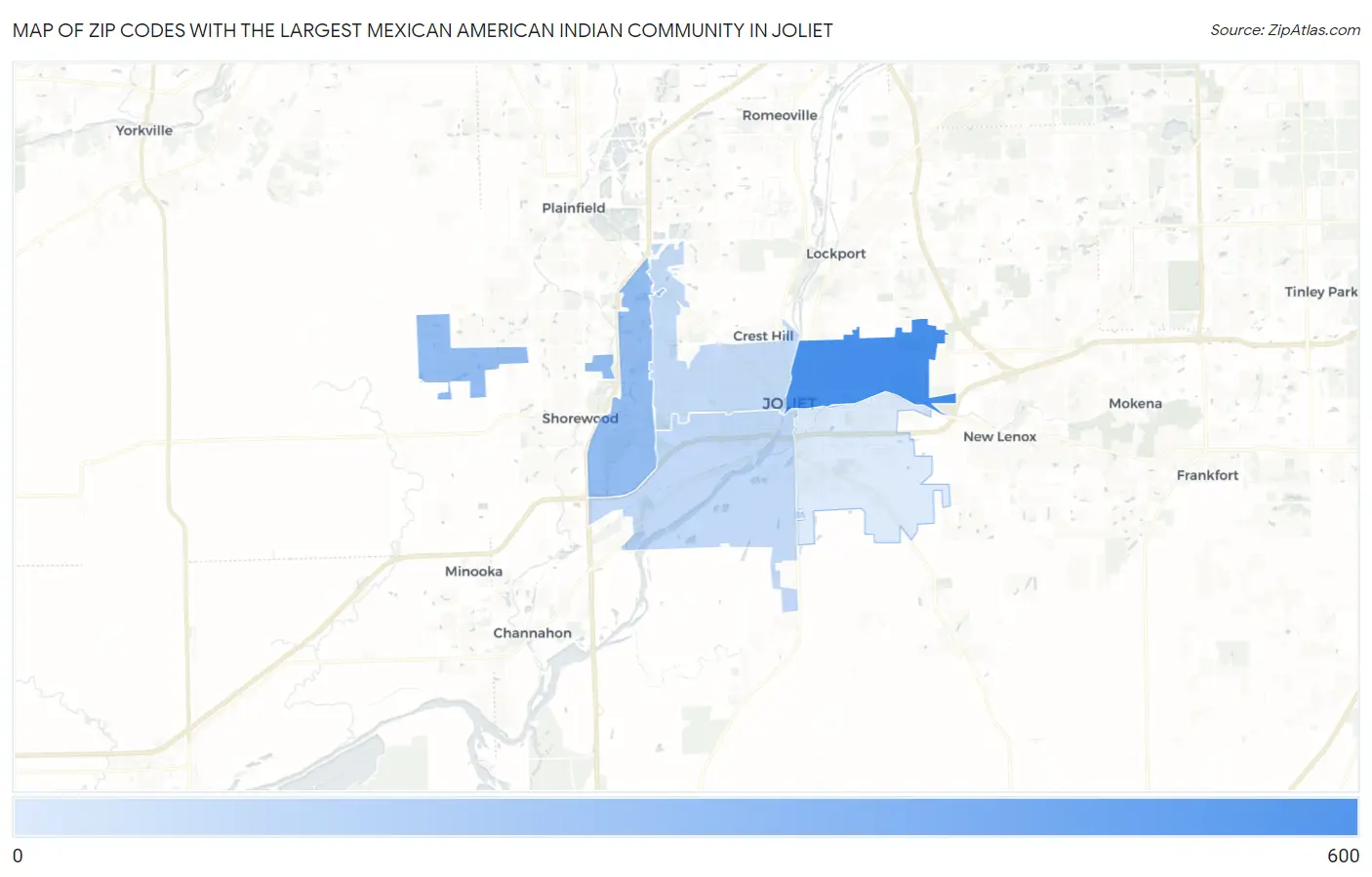 Zip Codes with the Largest Mexican American Indian Community in Joliet Map