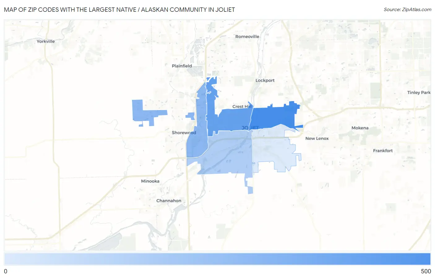 Zip Codes with the Largest Native / Alaskan Community in Joliet Map