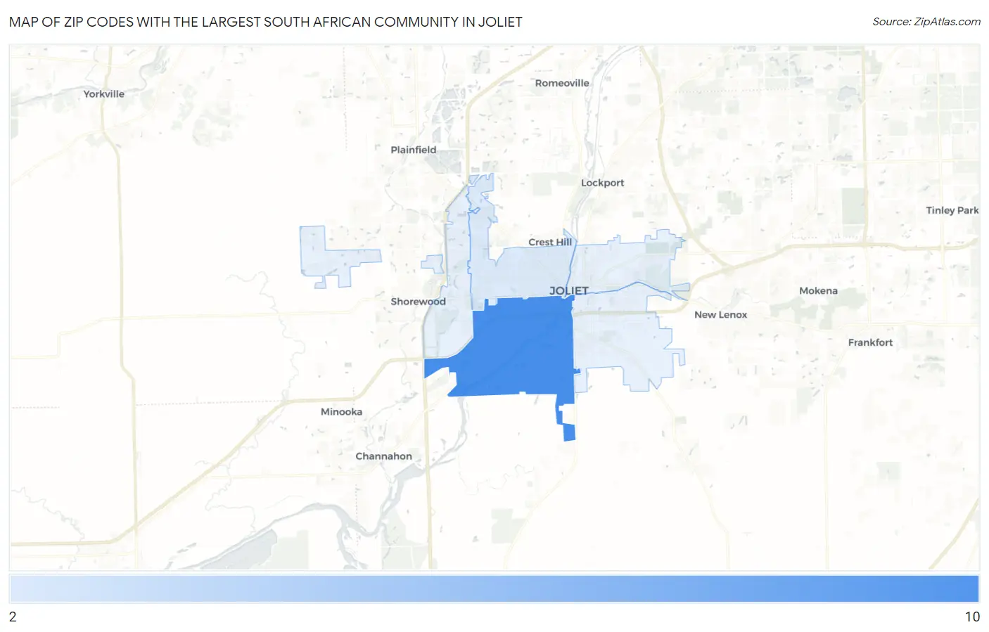 Zip Codes with the Largest South African Community in Joliet Map