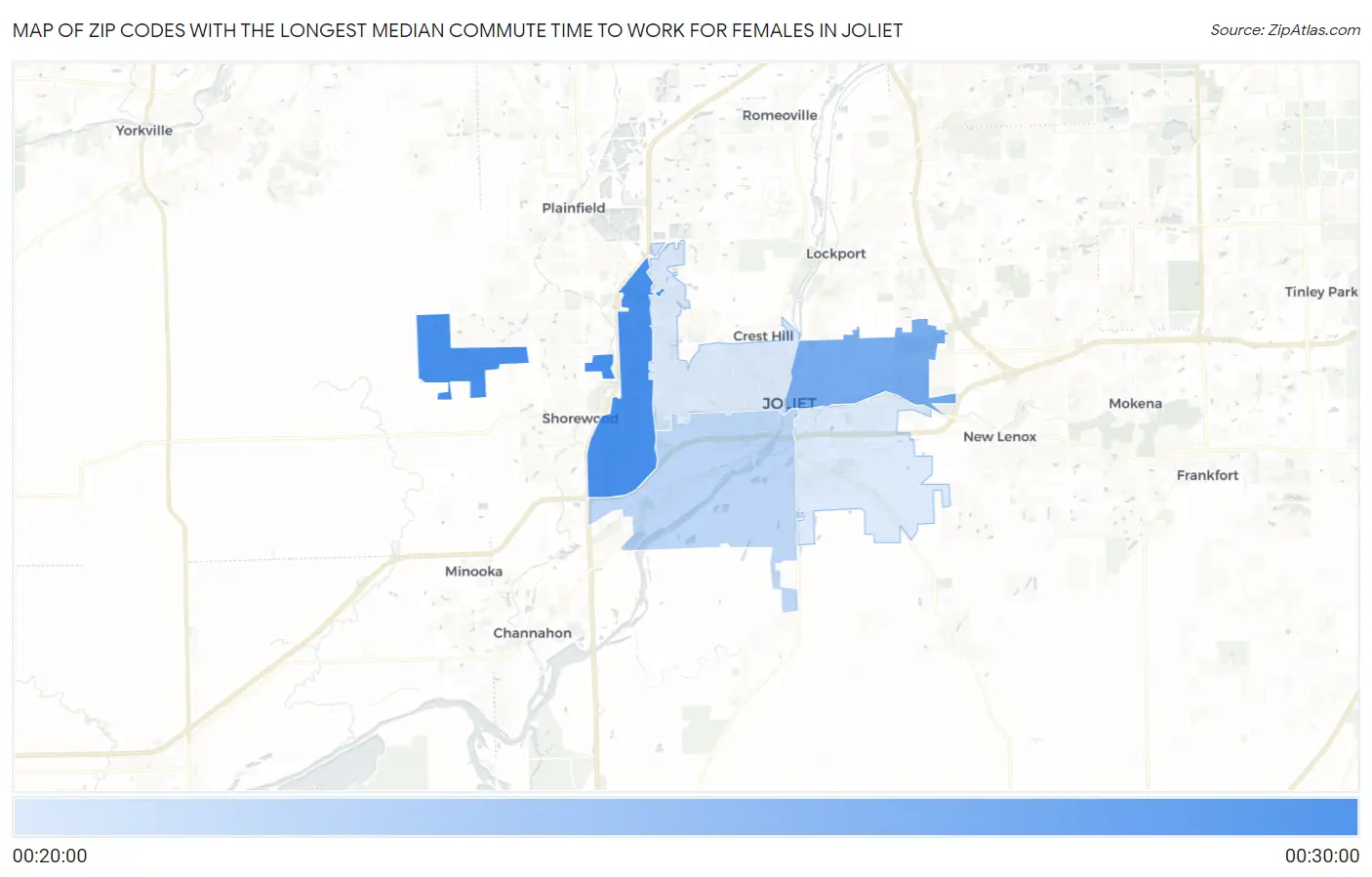 Zip Codes with the Longest Median Commute Time to Work for Females in Joliet Map
