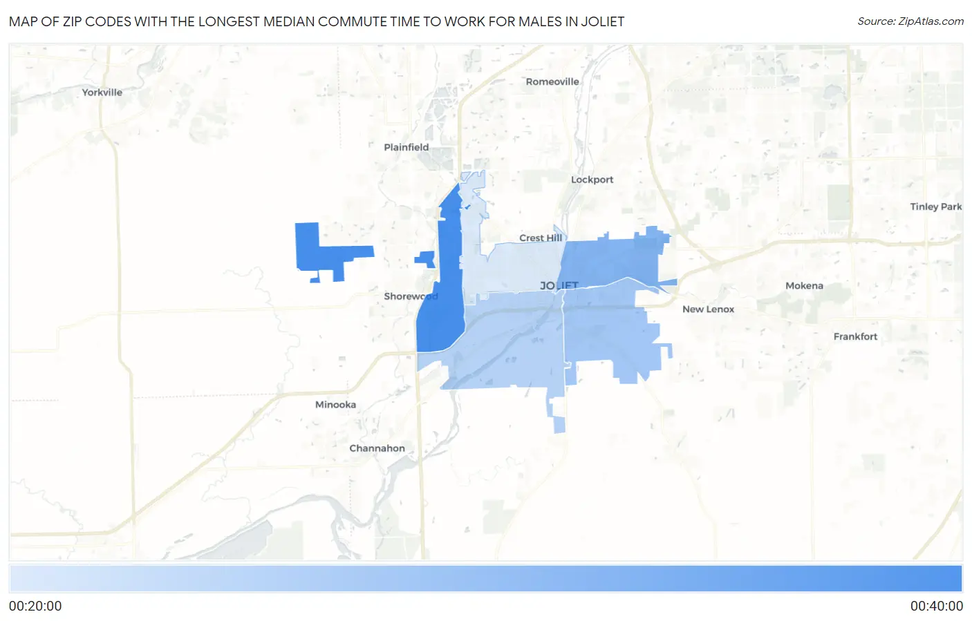 Zip Codes with the Longest Median Commute Time to Work for Males in Joliet Map