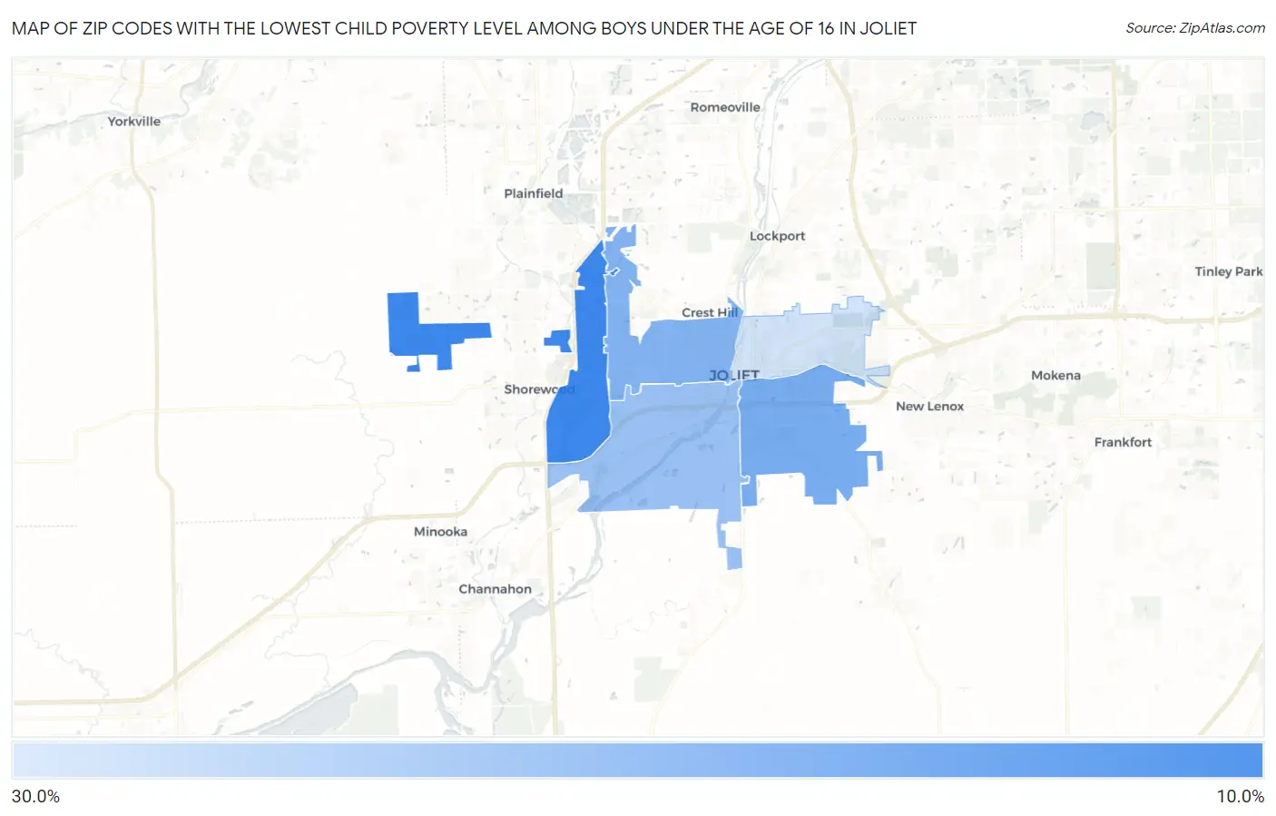 Zip Codes with the Lowest Child Poverty Level Among Boys Under the Age of 16 in Joliet Map