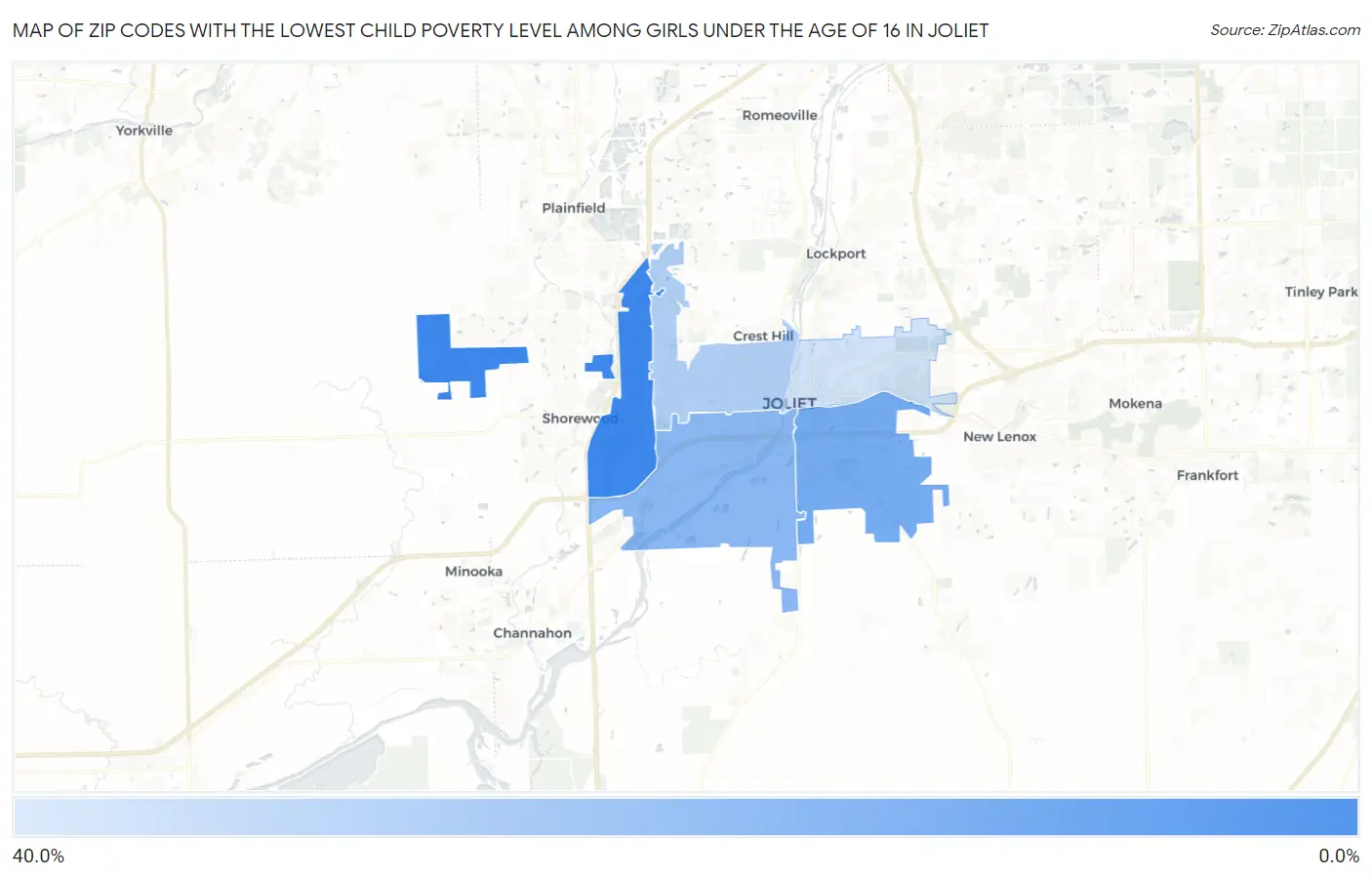 Zip Codes with the Lowest Child Poverty Level Among Girls Under the Age of 16 in Joliet Map