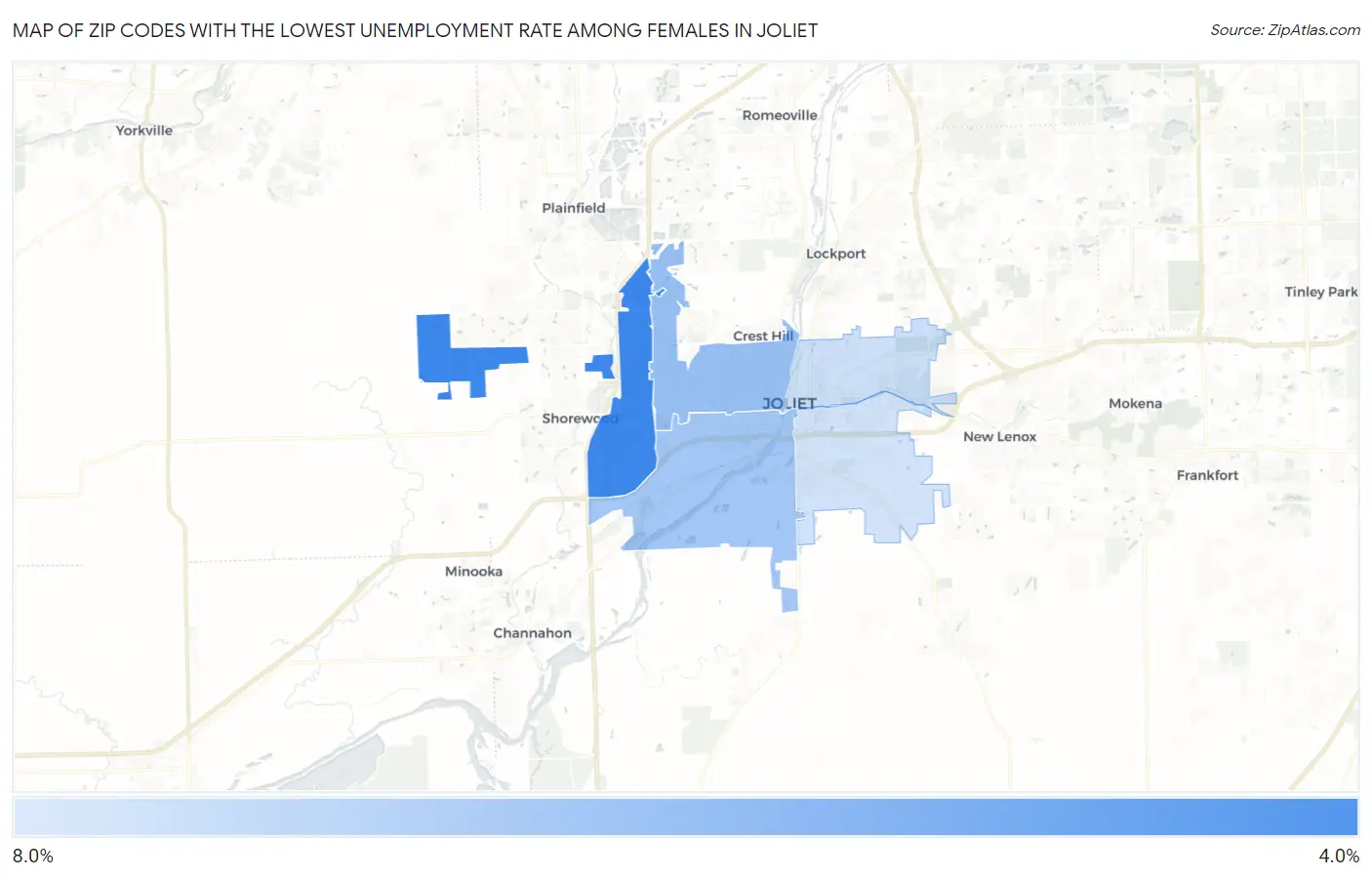 Zip Codes with the Lowest Unemployment Rate Among Females in Joliet Map