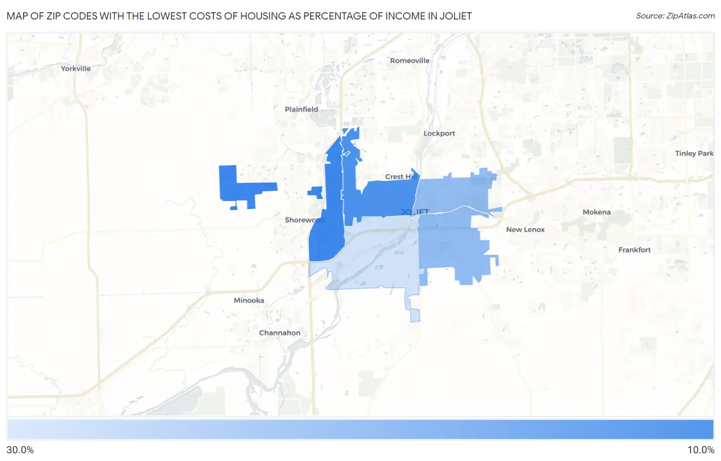 Zip Codes with the Lowest Costs of Housing as Percentage of Income in Joliet Map