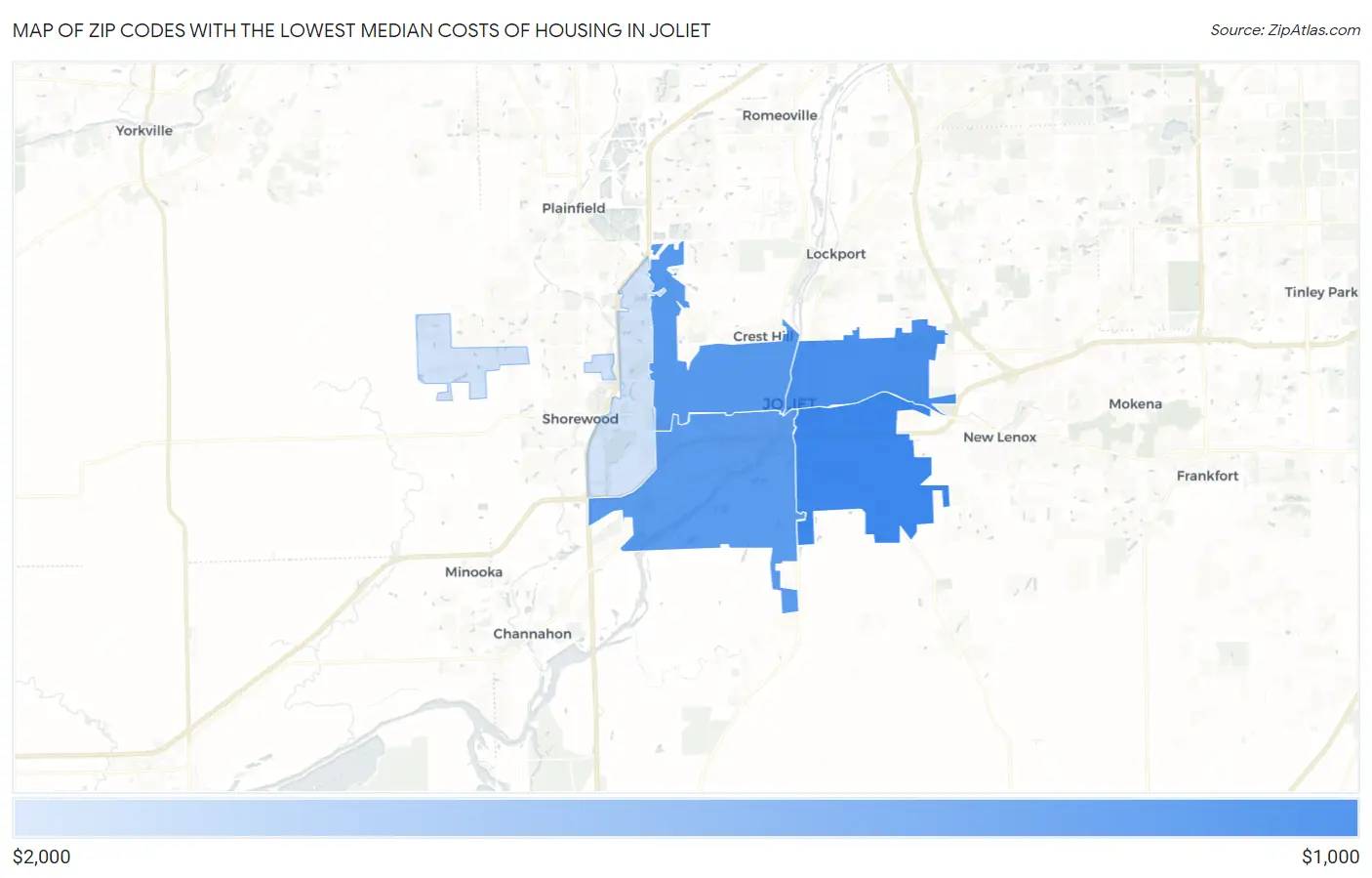 Zip Codes with the Lowest Median Costs of Housing in Joliet Map
