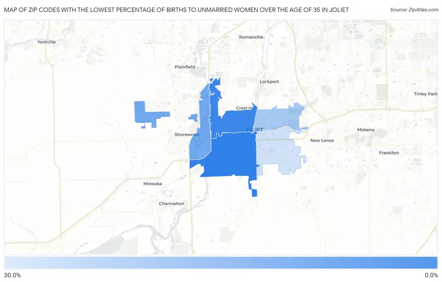 Zip Codes with the Lowest Percentage of Births to Unmarried Women over the Age of 35 in Joliet Map