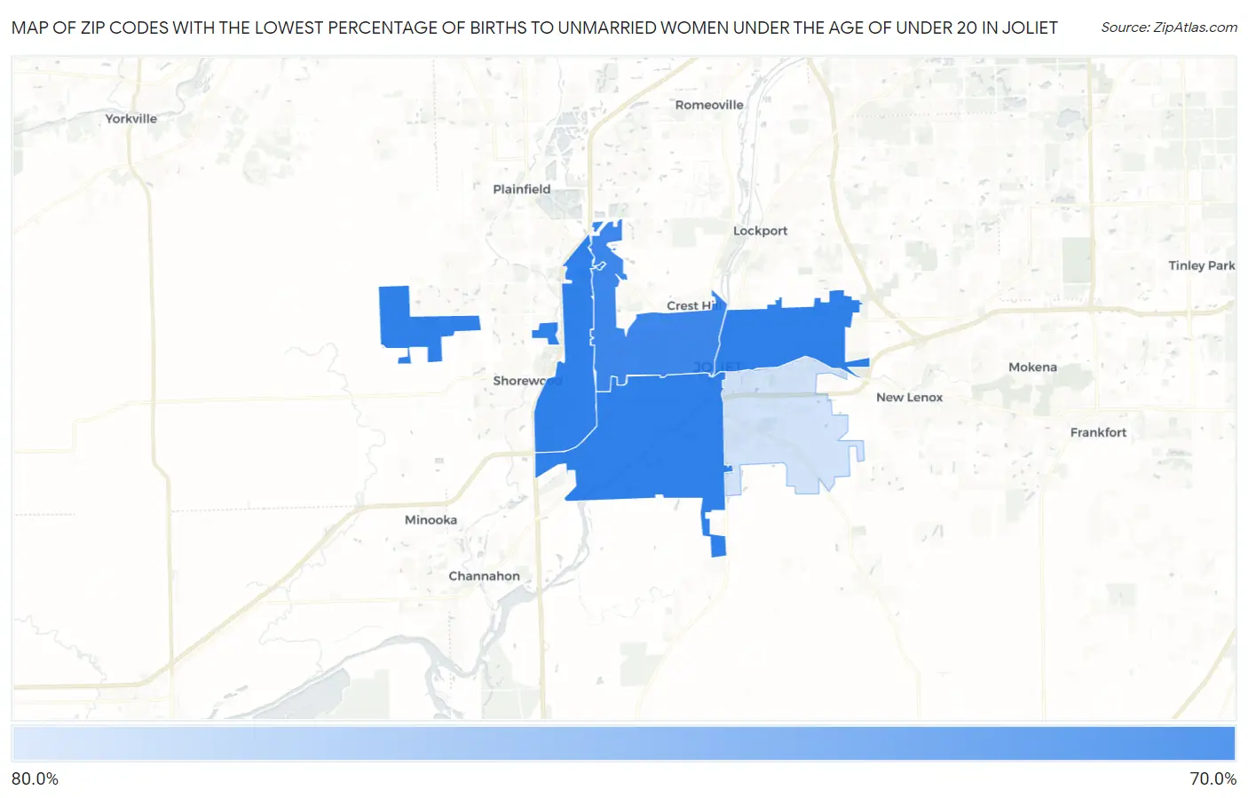 Zip Codes with the Lowest Percentage of Births to Unmarried Women under the Age of under 20 in Joliet Map