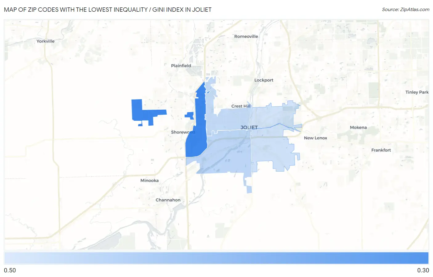 Zip Codes with the Lowest Inequality / Gini Index in Joliet Map