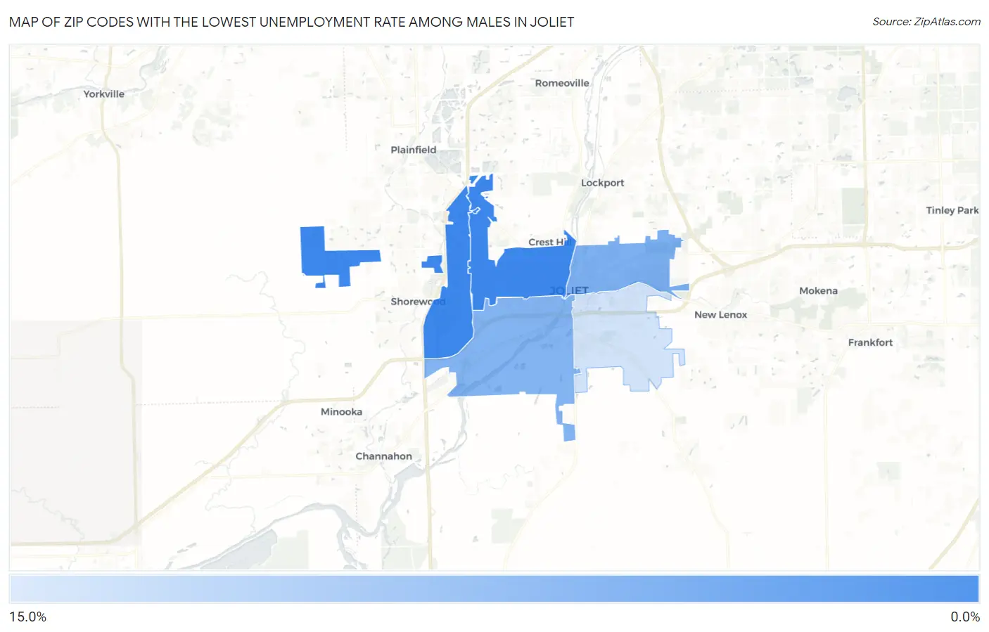 Zip Codes with the Lowest Unemployment Rate Among Males in Joliet Map