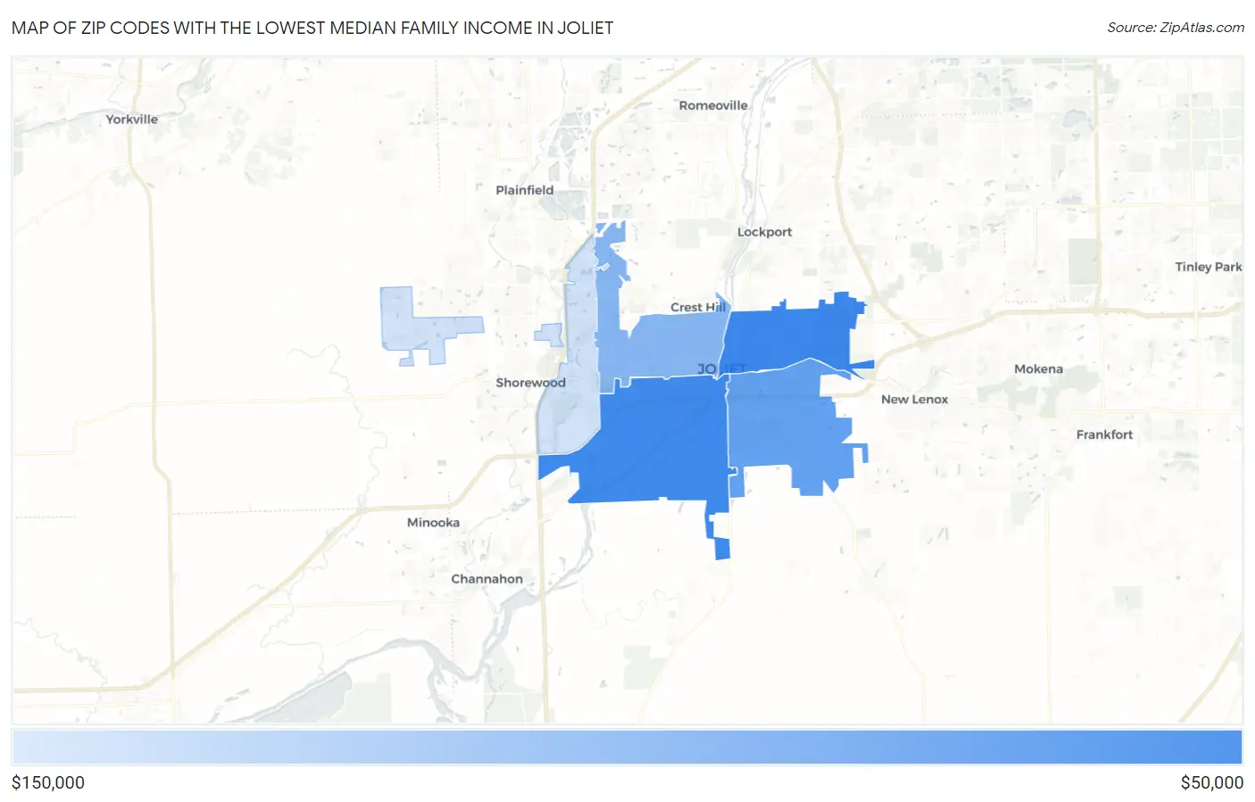 Zip Codes with the Lowest Median Family Income in Joliet Map