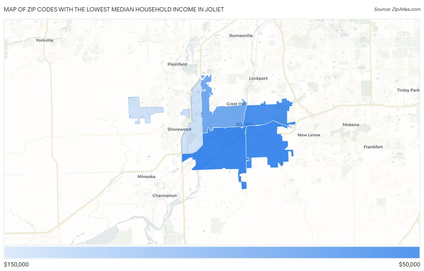 Zip Codes with the Lowest Median Household Income in Joliet Map