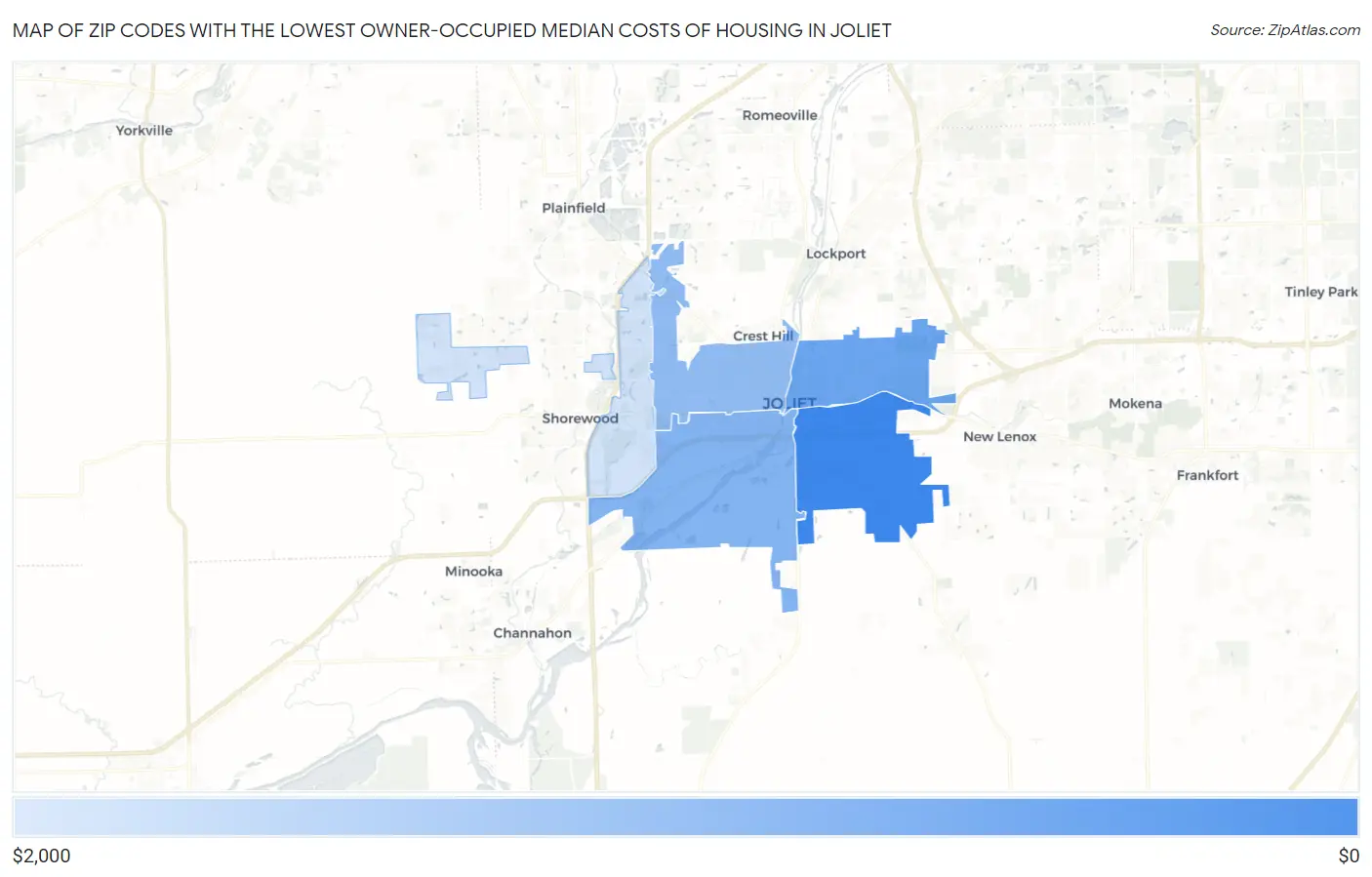 Zip Codes with the Lowest Owner-Occupied Median Costs of Housing in Joliet Map