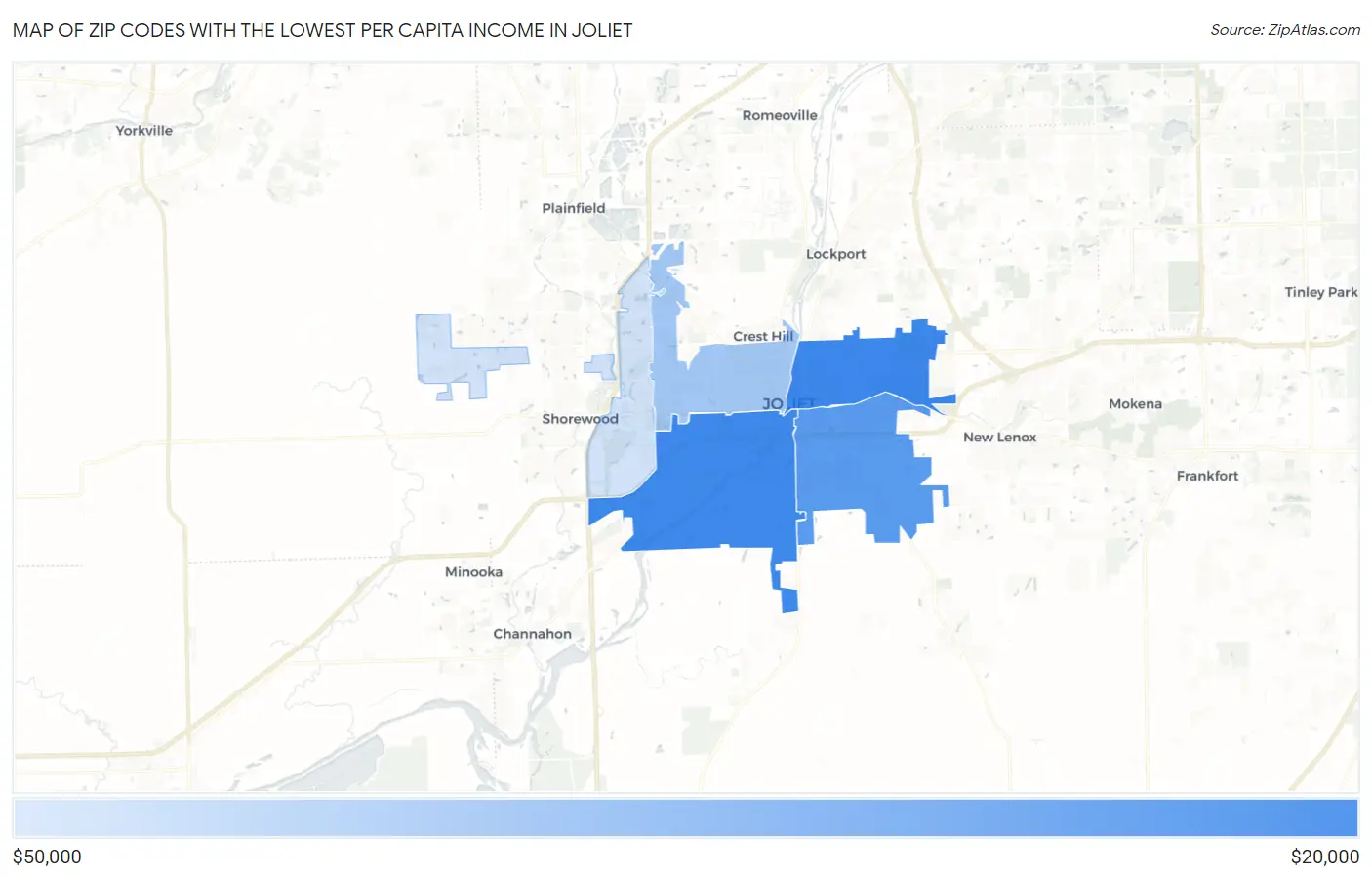 Zip Codes with the Lowest Per Capita Income in Joliet Map