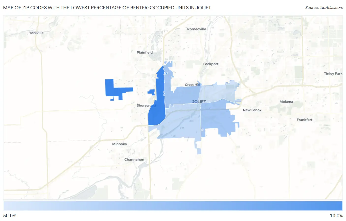 Zip Codes with the Lowest Percentage of Renter-Occupied Units in Joliet Map