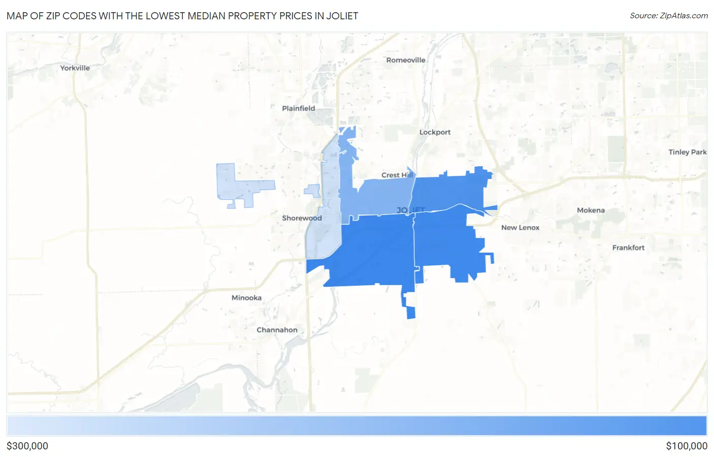 Zip Codes with the Lowest Median Property Prices in Joliet Map