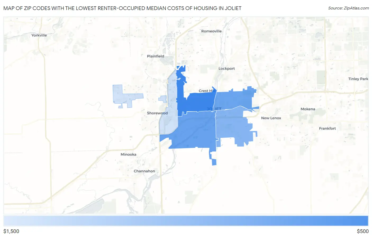 Zip Codes with the Lowest Renter-Occupied Median Costs of Housing in Joliet Map