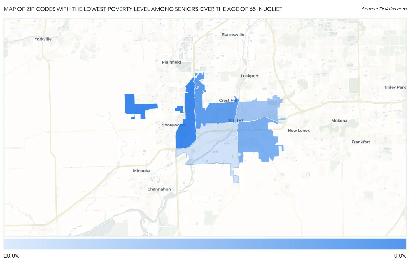 Zip Codes with the Lowest Poverty Level Among Seniors Over the Age of 65 in Joliet Map