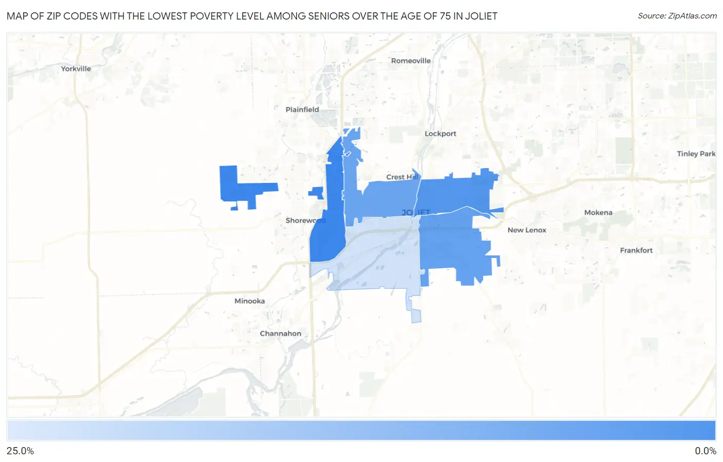 Zip Codes with the Lowest Poverty Level Among Seniors Over the Age of 75 in Joliet Map