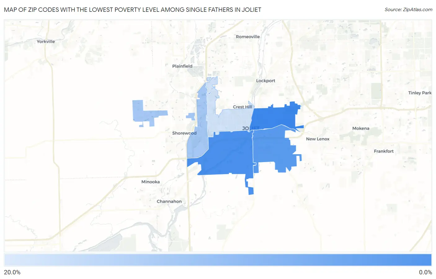 Zip Codes with the Lowest Poverty Level Among Single Fathers in Joliet Map