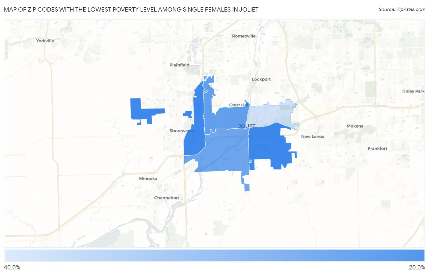 Zip Codes with the Lowest Poverty Level Among Single Females in Joliet Map