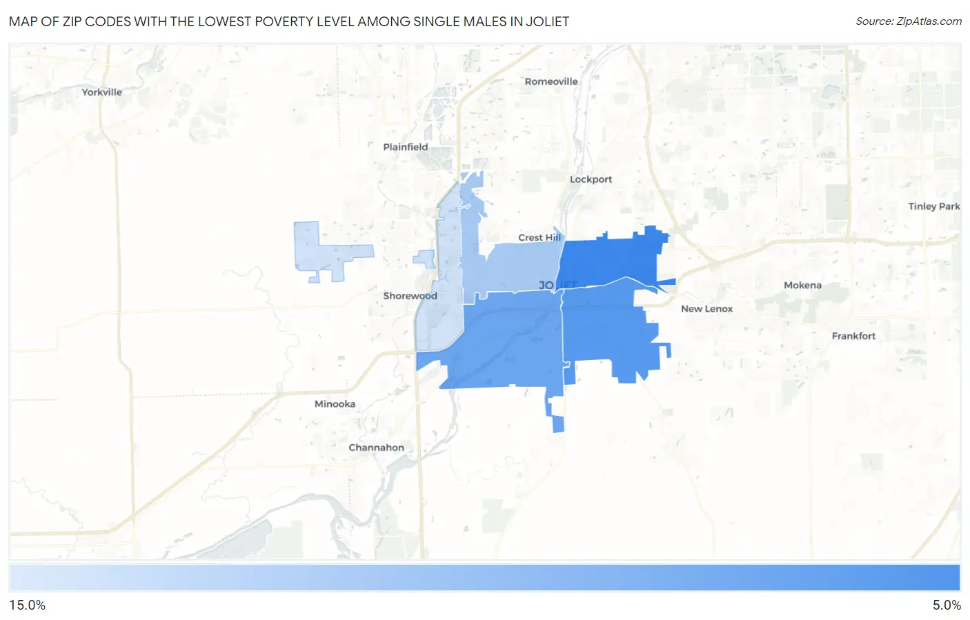 Zip Codes with the Lowest Poverty Level Among Single Males in Joliet Map