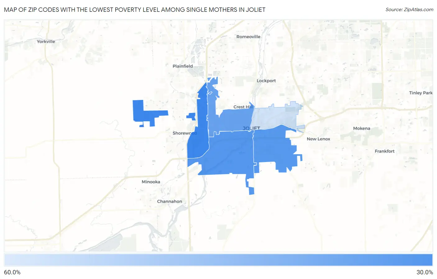 Zip Codes with the Lowest Poverty Level Among Single Mothers in Joliet Map