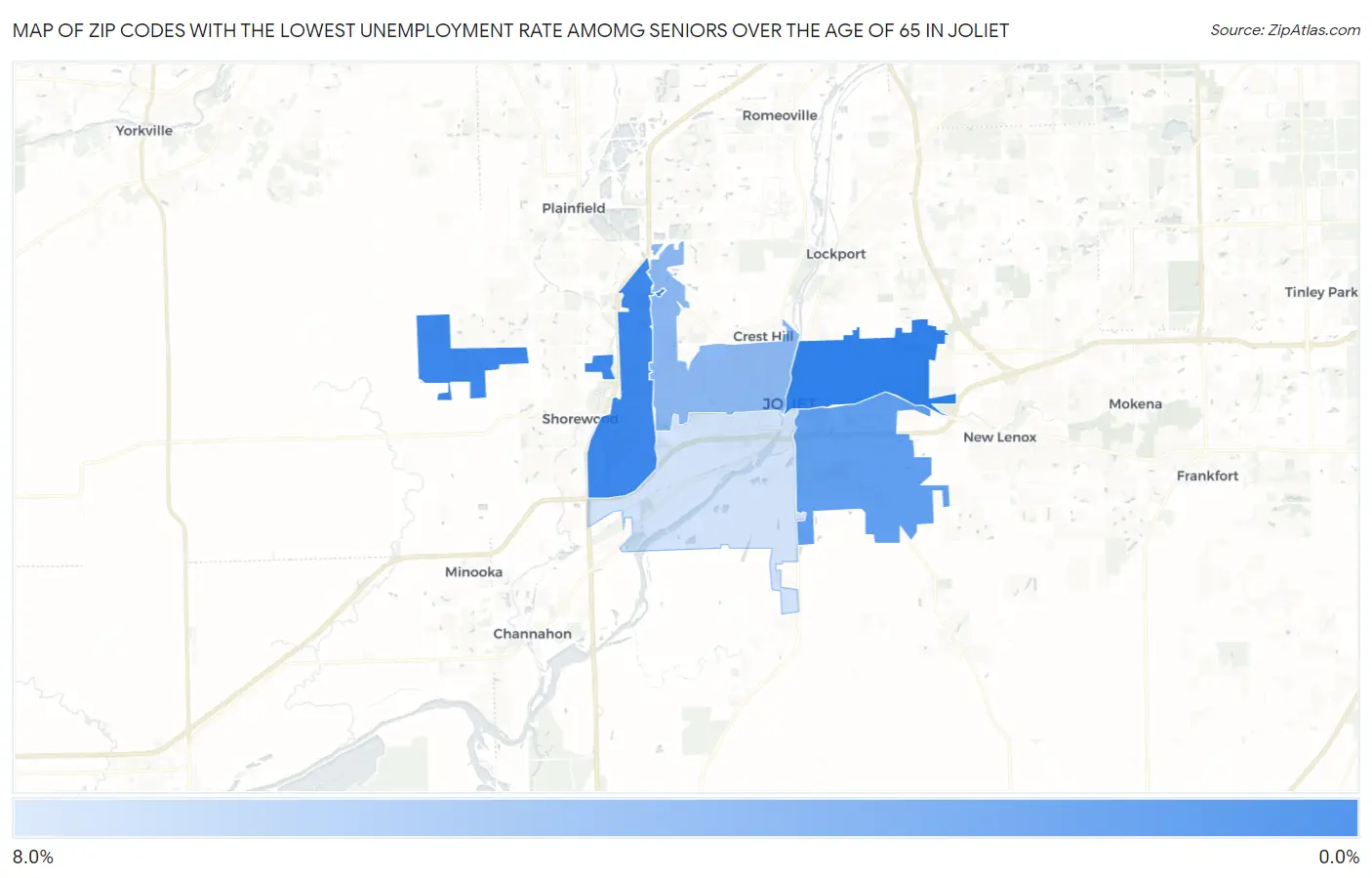 Zip Codes with the Lowest Unemployment Rate Amomg Seniors Over the Age of 65 in Joliet Map