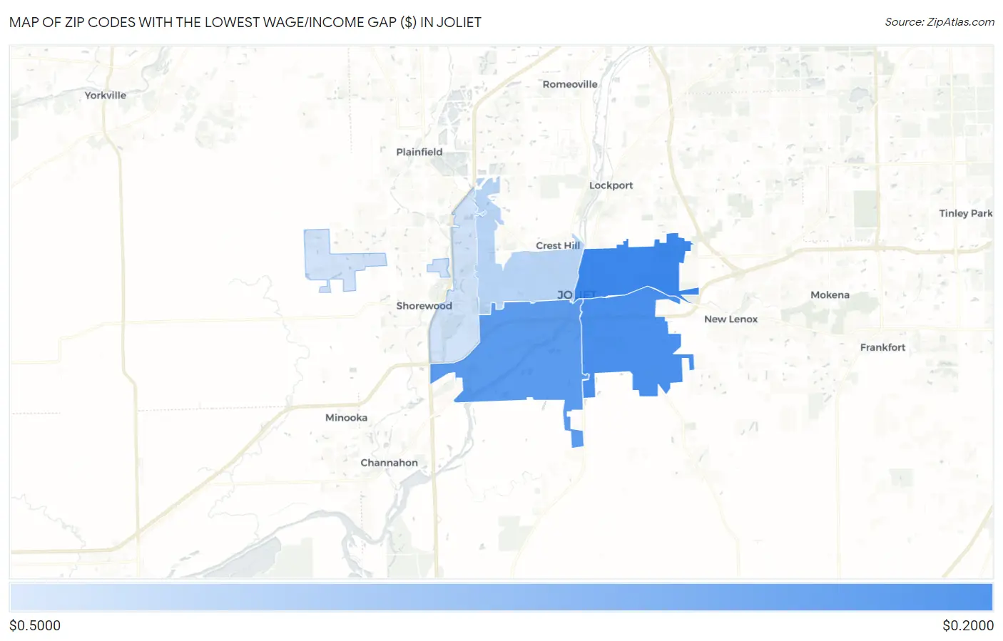 Zip Codes with the Lowest Wage/Income Gap ($) in Joliet Map