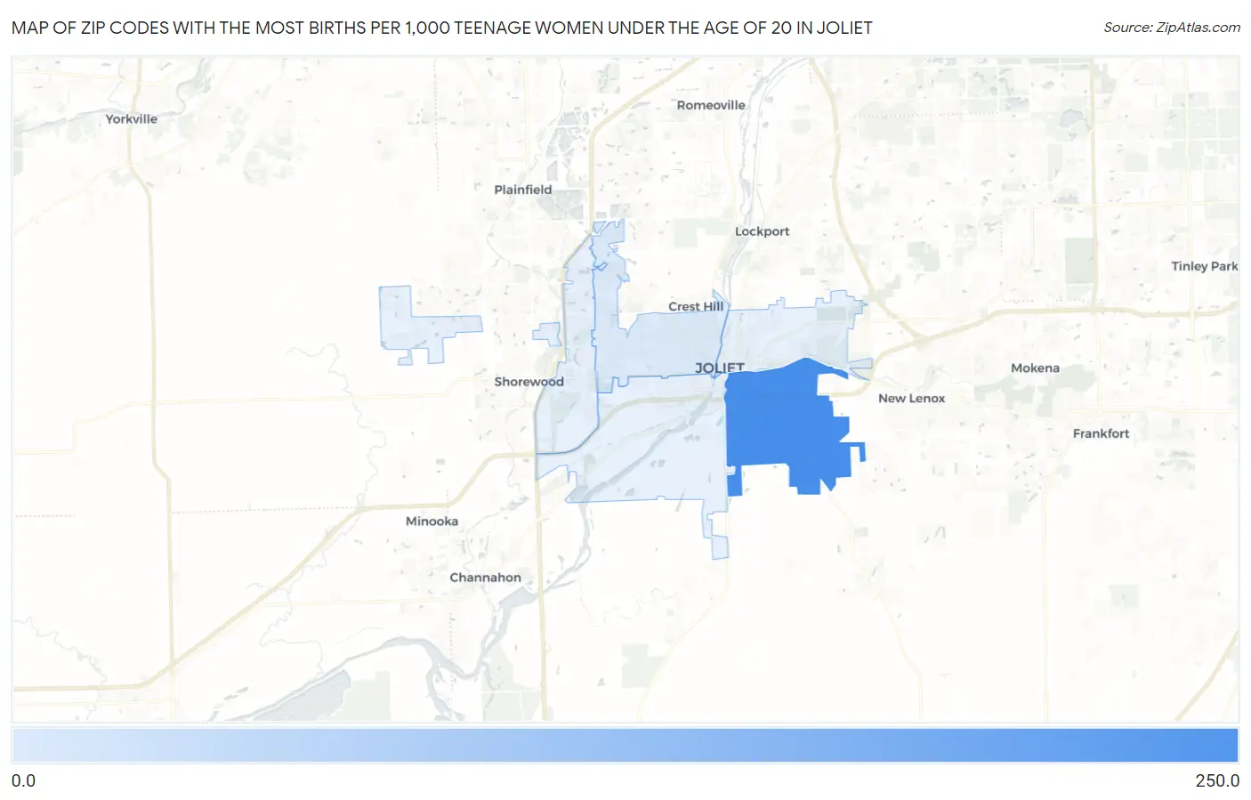 Zip Codes with the Most Births per 1,000 Teenage Women Under the Age of 20 in Joliet Map