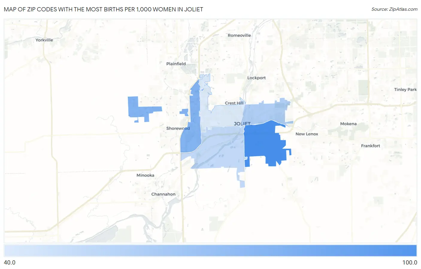 Zip Codes with the Most Births per 1,000 Women in Joliet Map