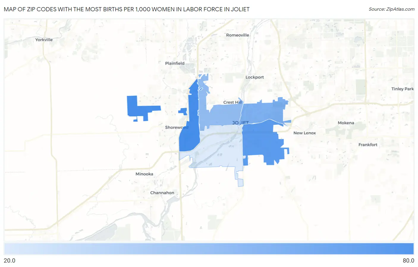 Zip Codes with the Most Births per 1,000 Women in Labor Force in Joliet Map
