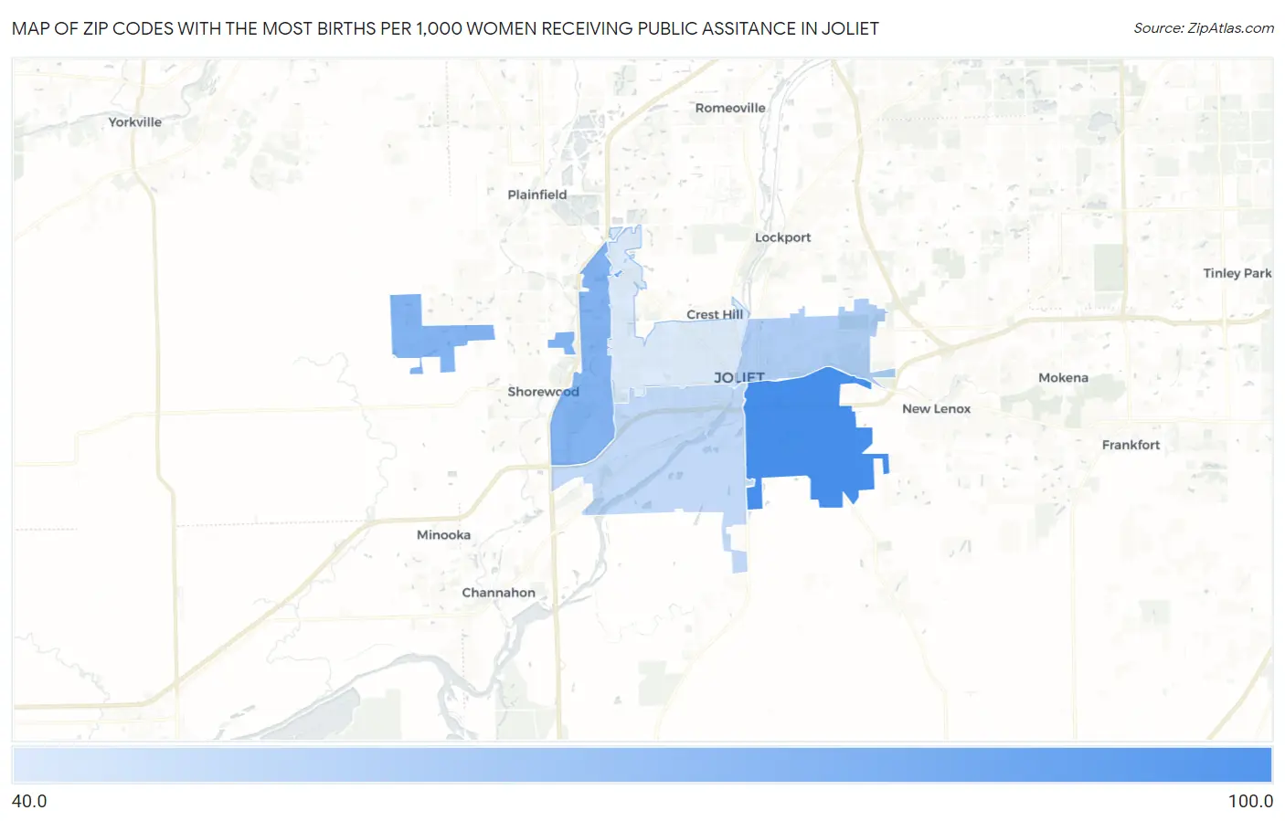 Zip Codes with the Most Births per 1,000 Women Receiving Public Assitance in Joliet Map