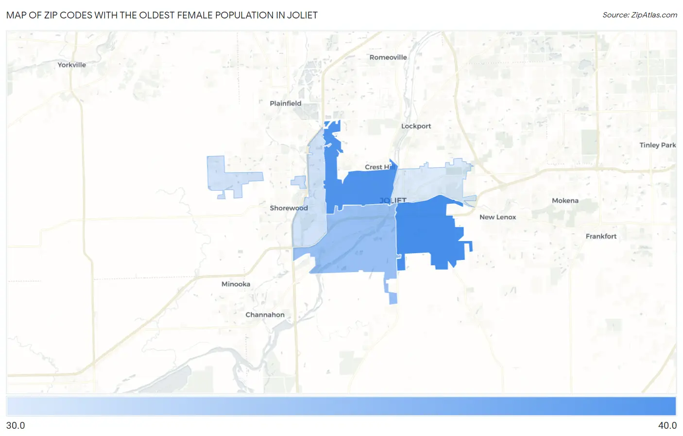 Zip Codes with the Oldest Female Population in Joliet Map